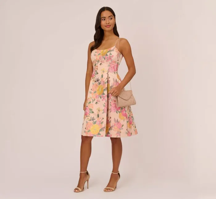 Midi Dresses Womens Adrianna Papell Floral Jacquard Dress With Pleated Details In Rose Multi