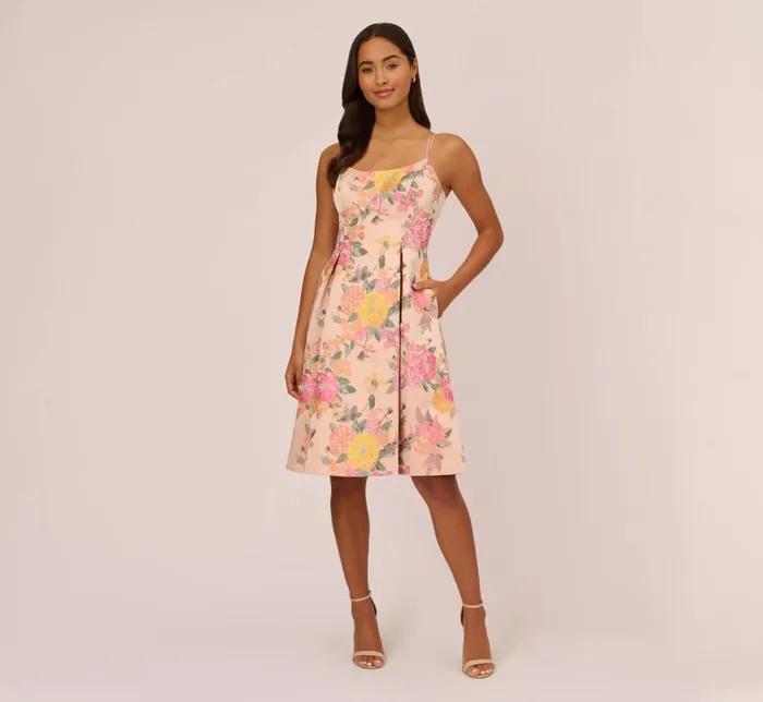 Midi Dresses Womens Adrianna Papell Floral Jacquard Dress With Pleated Details In Rose Multi