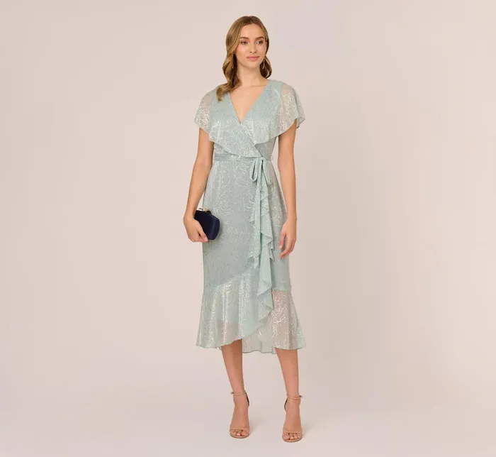 Midi Dresses Womens Adrianna Papell Floral Metallic Stencil MidiLength Mermaid Dress With Capelet In Sea Glass