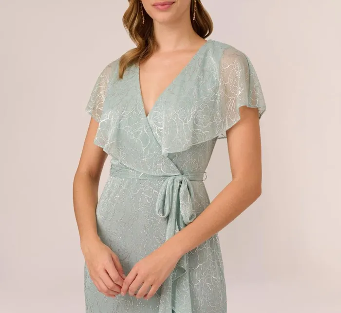 Midi Dresses Womens Adrianna Papell Floral Metallic Stencil MidiLength Mermaid Dress With Capelet In Sea Glass