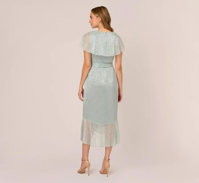 Midi Dresses Womens Adrianna Papell Floral Metallic Stencil MidiLength Mermaid Dress With Capelet In Sea Glass