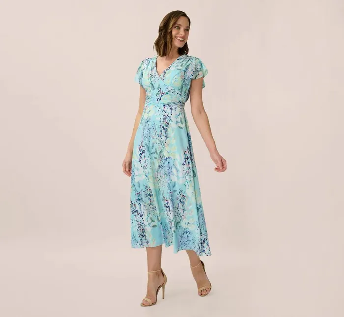 Midi Dresses Womens Adrianna Papell FloralPrint FitAndFlare MidiLength Chiffon Dress In Light Blue Multi