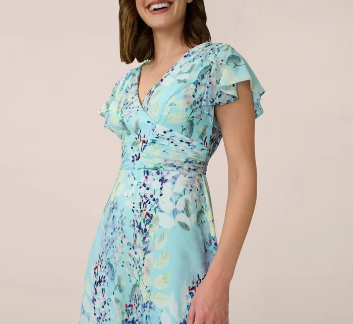 Midi Dresses Womens Adrianna Papell FloralPrint FitAndFlare MidiLength Chiffon Dress In Light Blue Multi