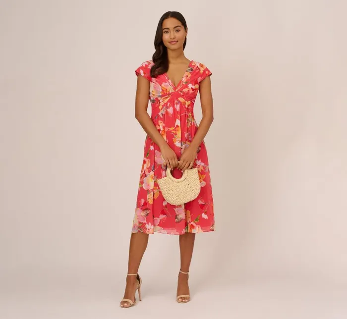 Midi Dresses Womens Adrianna Papell Floral Print Midi Dress With Twist Neckline In Coral Multi Midi Dresses Womens Adrianna Papell Floral Print Midi Dress With Twist Neckline In Coral Multi