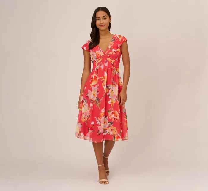 Midi Dresses Womens Adrianna Papell Floral Print Midi Dress With Twist Neckline In Coral Multi