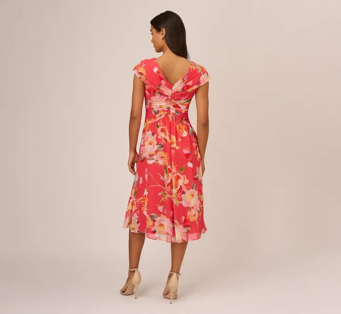 Midi Dresses Womens Adrianna Papell Floral Print Midi Dress With Twist Neckline In Coral Multi