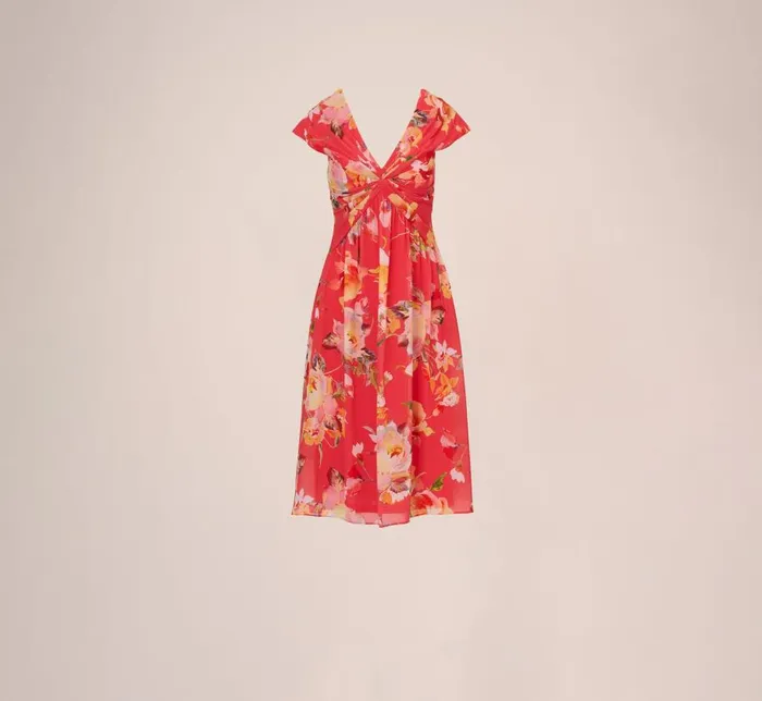Midi Dresses Womens Adrianna Papell Floral Print Midi Dress With Twist Neckline In Coral Multi
