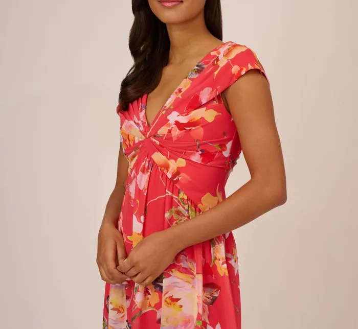 Midi Dresses Womens Adrianna Papell Floral Print Midi Dress With Twist Neckline In Coral Multi