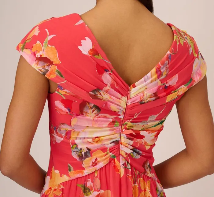 Midi Dresses Womens Adrianna Papell Floral Print Midi Dress With Twist Neckline In Coral Multi