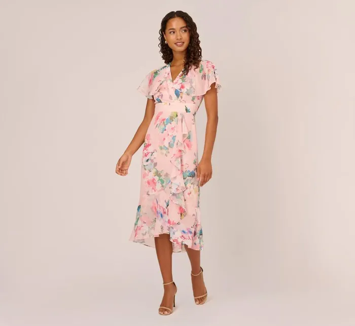 Midi Dresses Womens Adrianna Papell FloralPrint Twill Ruffled MidiLength Faux Wrap Dress In Rose Multi Midi Dresses Womens Adrianna Papell FloralPrint Twill Ruffled MidiLength Faux Wrap Dress In Rose Multi