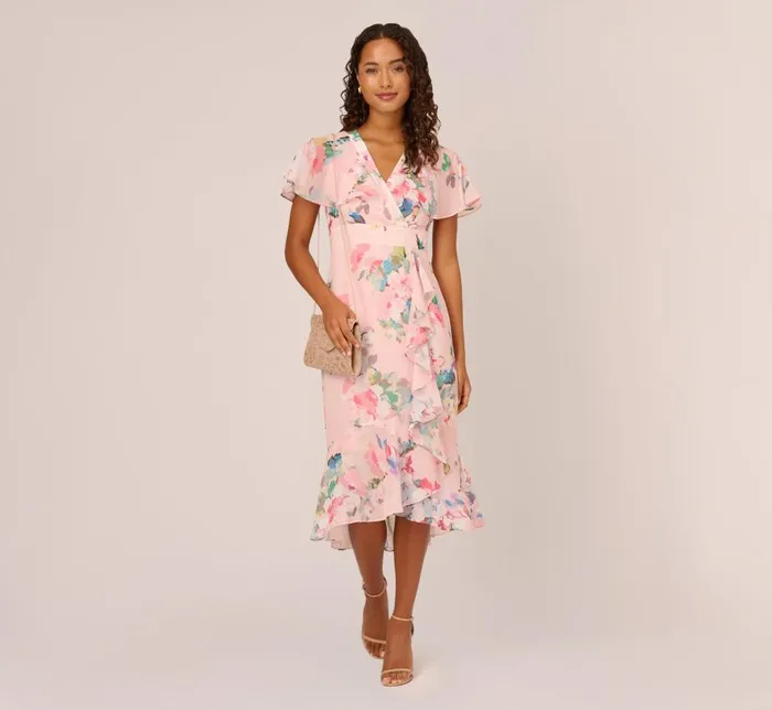 Midi Dresses Womens Adrianna Papell FloralPrint Twill Ruffled MidiLength Faux Wrap Dress In Rose Multi