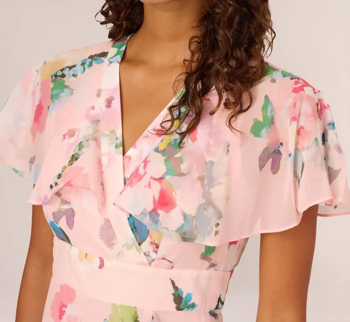 Midi Dresses Womens Adrianna Papell FloralPrint Twill Ruffled MidiLength Faux Wrap Dress In Rose Multi