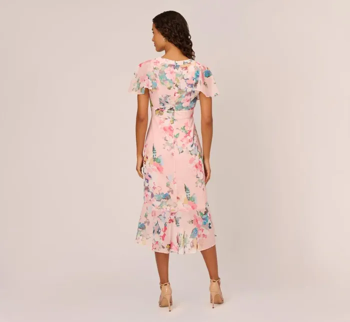 Midi Dresses Womens Adrianna Papell FloralPrint Twill Ruffled MidiLength Faux Wrap Dress In Rose Multi