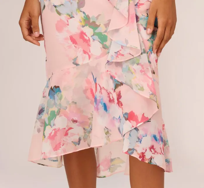 Midi Dresses Womens Adrianna Papell FloralPrint Twill Ruffled MidiLength Faux Wrap Dress In Rose Multi