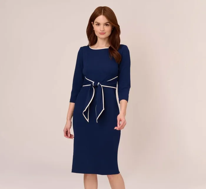 Midi Dresses Womens Adrianna Papell Knit Crepe Tie Dress In Navy Sateen Ivory Midi Dresses Womens Adrianna Papell Knit Crepe Tie Dress In Navy Sateen Ivory