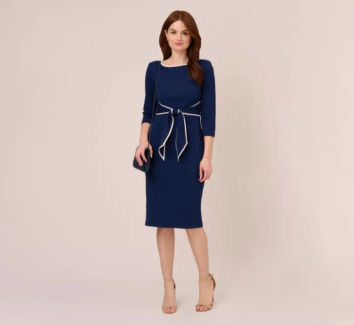 Midi Dresses Womens Adrianna Papell Knit Crepe Tie Dress In Navy Sateen Ivory