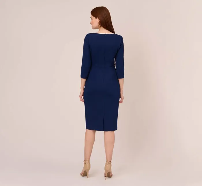 Midi Dresses Womens Adrianna Papell Knit Crepe Tie Dress In Navy Sateen Ivory