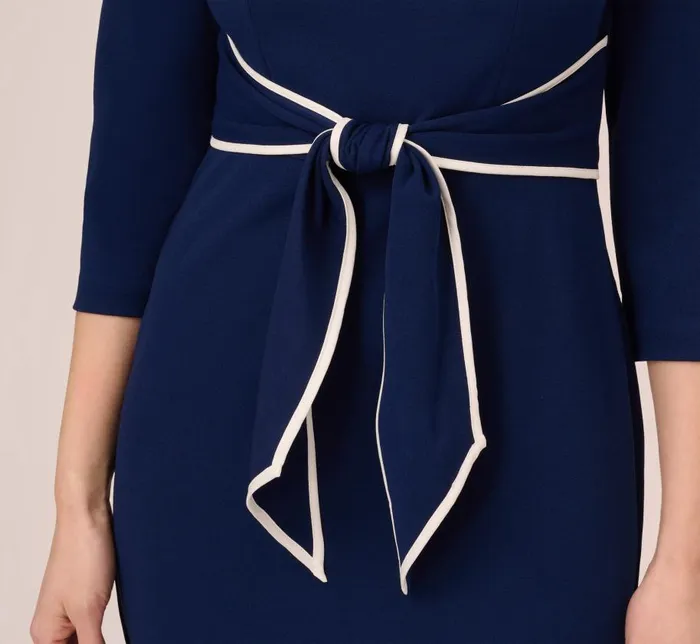 Midi Dresses Womens Adrianna Papell Knit Crepe Tie Dress In Navy Sateen Ivory