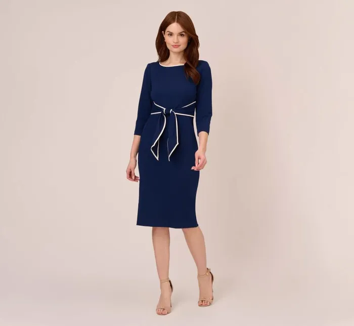 Midi Dresses Womens Adrianna Papell Knit Crepe Tie Dress In Navy Sateen Ivory