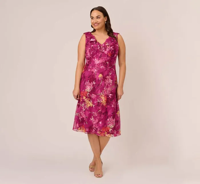 Midi Dresses Womens Adrianna Papell Plus Size Metallic Floral Chiffon Midi Dress With Ruffled Neckline In Raspberry Multi Midi Dresses Womens Adrianna Papell Plus Size Metallic Floral Chiffon Midi Dress With Ruffled Neckline In Raspberry Multi