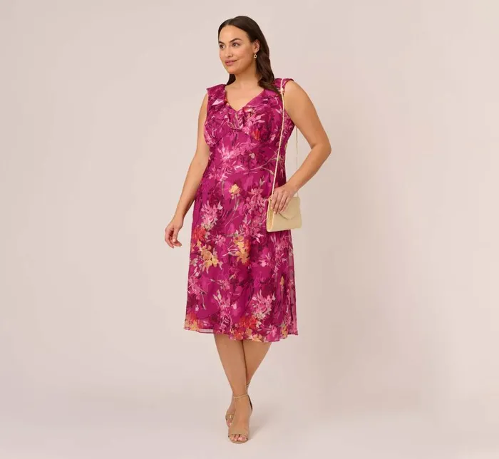 Midi Dresses Womens Adrianna Papell Plus Size Metallic Floral Chiffon Midi Dress With Ruffled Neckline In Raspberry Multi