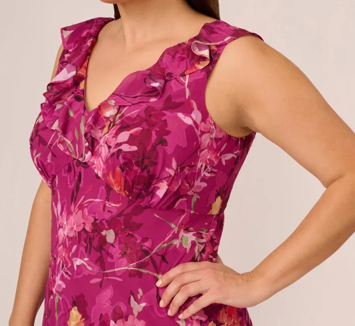 Midi Dresses Womens Adrianna Papell Plus Size Metallic Floral Chiffon Midi Dress With Ruffled Neckline In Raspberry Multi