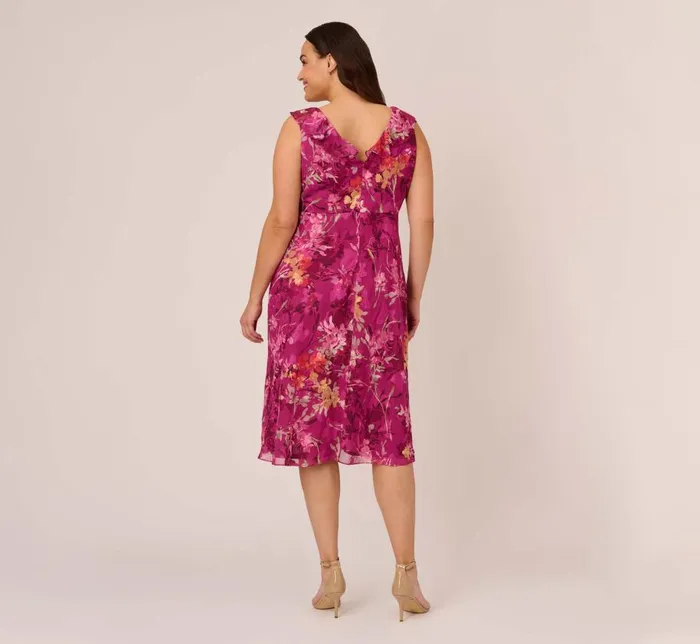 Midi Dresses Womens Adrianna Papell Plus Size Metallic Floral Chiffon Midi Dress With Ruffled Neckline In Raspberry Multi