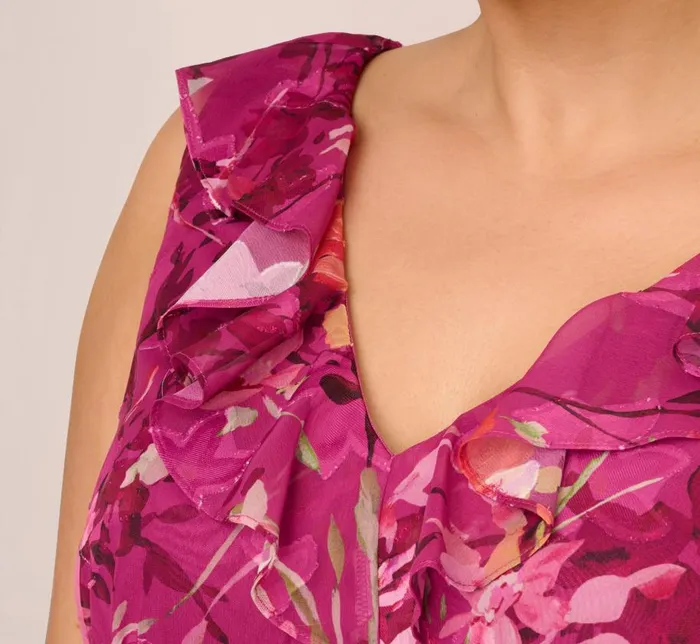 Midi Dresses Womens Adrianna Papell Plus Size Metallic Floral Chiffon Midi Dress With Ruffled Neckline In Raspberry Multi
