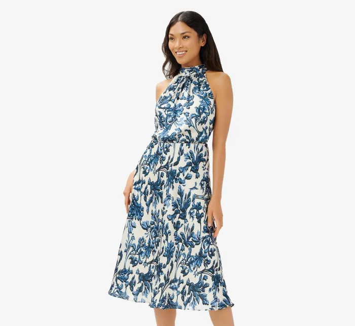 Midi Dresses Womens Adrianna Papell Printed Bias Halter Dress In Blue Multi