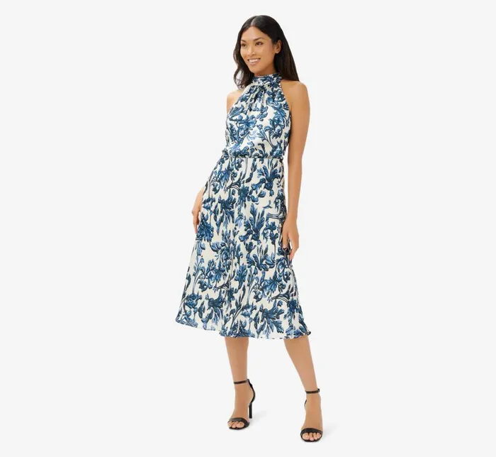 Midi Dresses Womens Adrianna Papell Printed Bias Halter Dress In Blue Multi