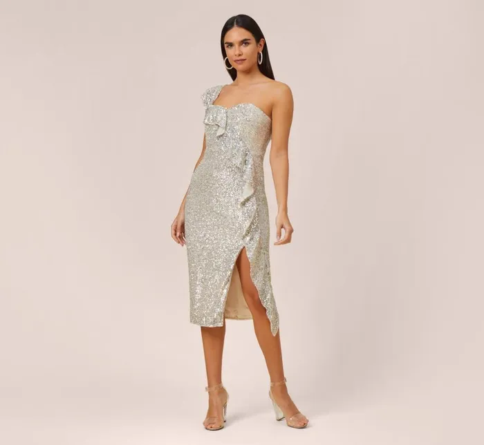 Midi Dresses Womens Adrianna Papell Sequined OneShoulder MidiLength Cocktail Dress With Ruffle In Champagne Silver Midi Dresses Womens Adrianna Papell Sequined OneShoulder MidiLength Cocktail Dress With Ruffle In Champagne Silver