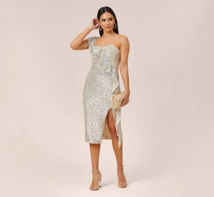 Midi Dresses Womens Adrianna Papell Sequined OneShoulder MidiLength Cocktail Dress With Ruffle In Champagne Silver