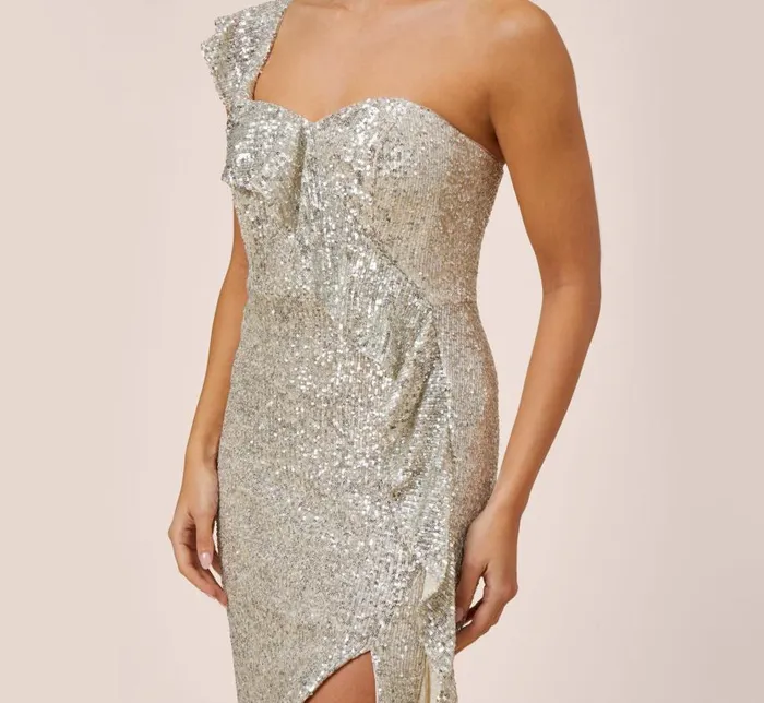 Midi Dresses Womens Adrianna Papell Sequined OneShoulder MidiLength Cocktail Dress With Ruffle In Champagne Silver
