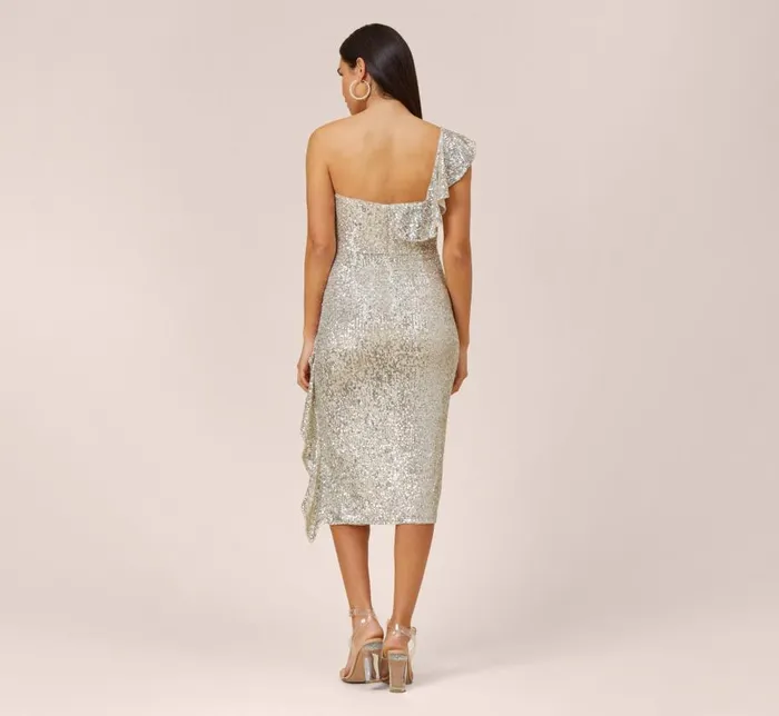 Midi Dresses Womens Adrianna Papell Sequined OneShoulder MidiLength Cocktail Dress With Ruffle In Champagne Silver