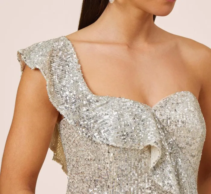 Midi Dresses Womens Adrianna Papell Sequined OneShoulder MidiLength Cocktail Dress With Ruffle In Champagne Silver