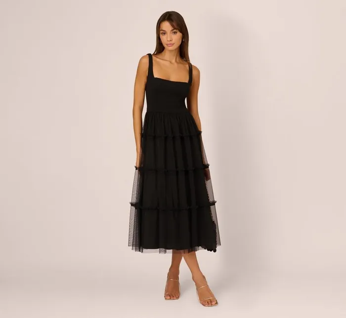 Midi Dresses Womens Adrianna Papell Sleeveless Midi Dress With Square Neck And Tiered Skirt In Black Midi Dresses Womens Adrianna Papell Sleeveless Midi Dress With Square Neck And Tiered Skirt In Black