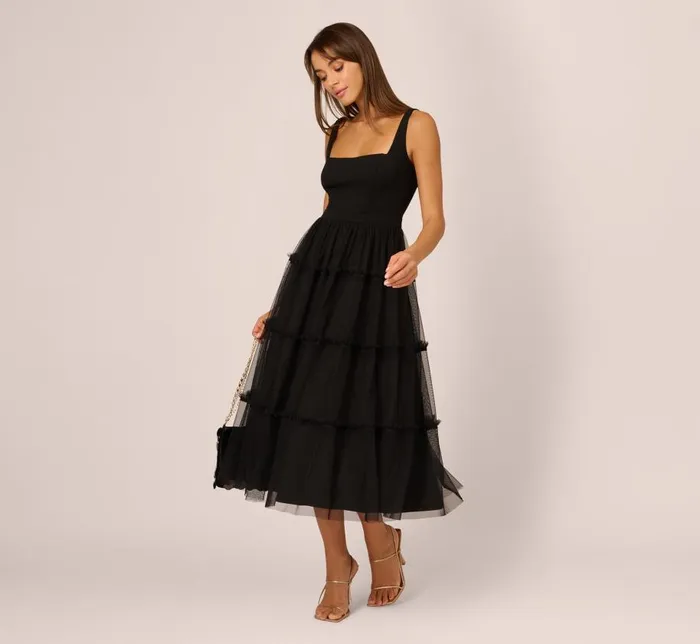 Midi Dresses Womens Adrianna Papell Sleeveless Midi Dress With Square Neck And Tiered Skirt In Black