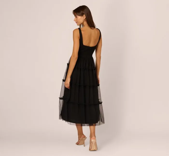 Midi Dresses Womens Adrianna Papell Sleeveless Midi Dress With Square Neck And Tiered Skirt In Black