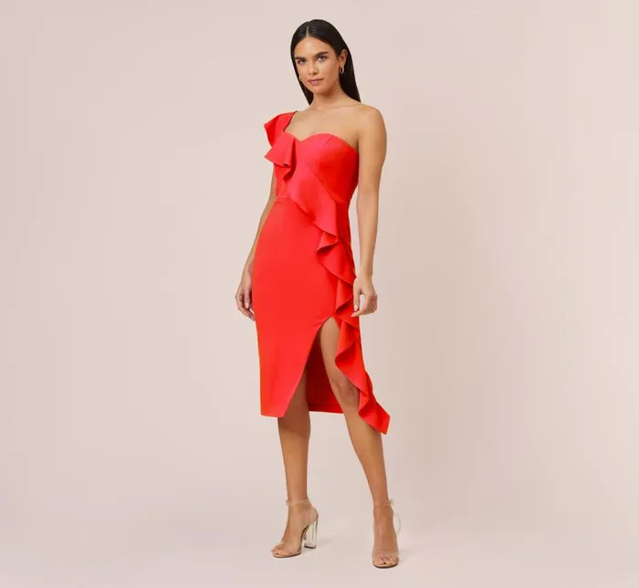 Midi Dresses Womens Adrianna Papell Stretch Crepe Strapless MidiLength Sheath Cocktail Dress With Ruffle In Flame Red Midi Dresses Womens Adrianna Papell Stretch Crepe Strapless MidiLength Sheath Cocktail Dress With Ruffle In Flame Red