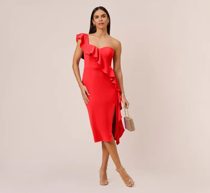 Midi Dresses Womens Adrianna Papell Stretch Crepe Strapless MidiLength Sheath Cocktail Dress With Ruffle In Flame Red