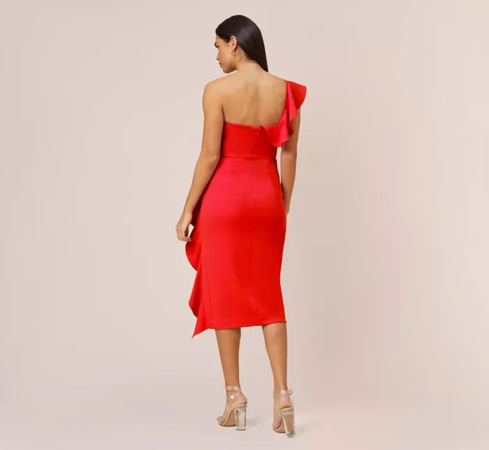 Midi Dresses Womens Adrianna Papell Stretch Crepe Strapless MidiLength Sheath Cocktail Dress With Ruffle In Flame Red