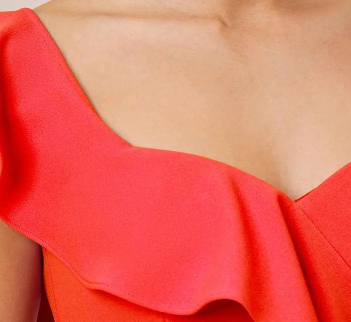 Midi Dresses Womens Adrianna Papell Stretch Crepe Strapless MidiLength Sheath Cocktail Dress With Ruffle In Flame Red