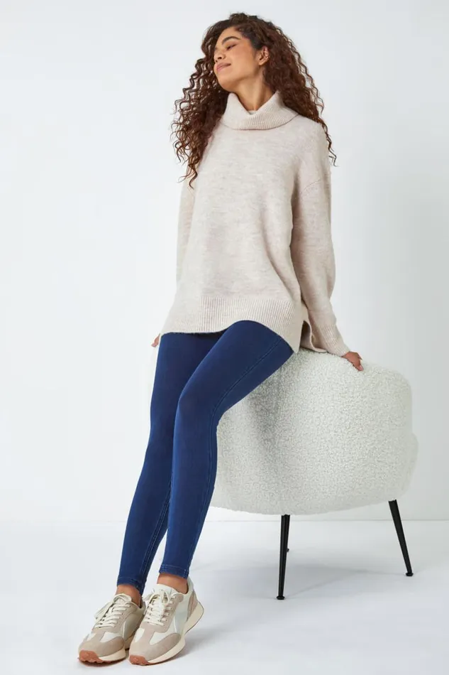 Midnight Blue Cotton Blend Denim Stretch Jegging Women Roman Trousers
