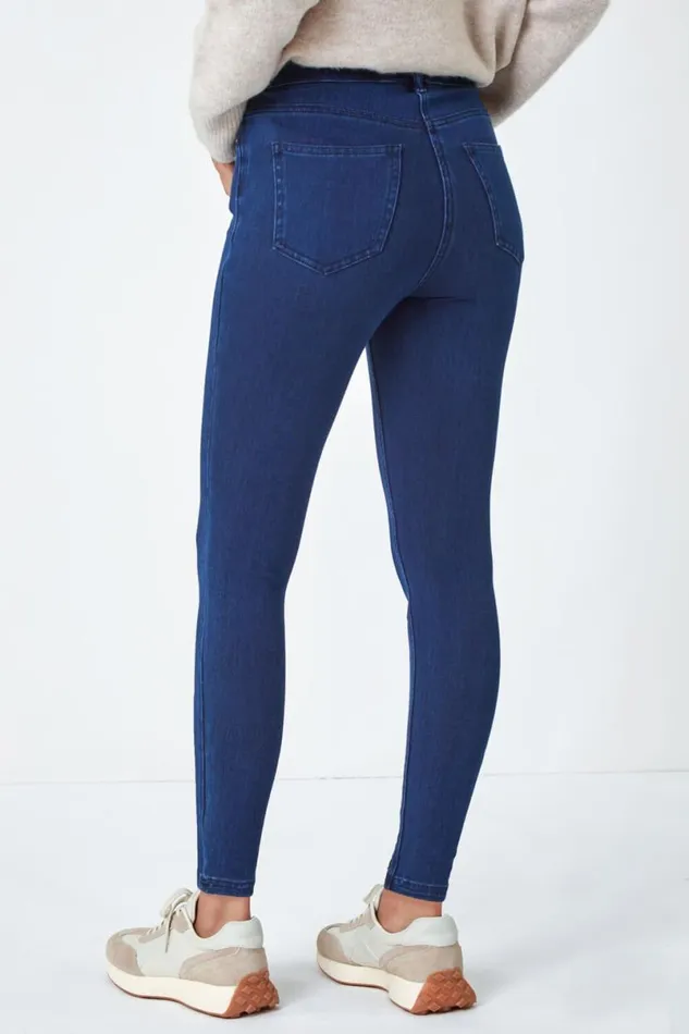 Midnight Blue Cotton Blend Denim Stretch Jegging Women Roman Trousers