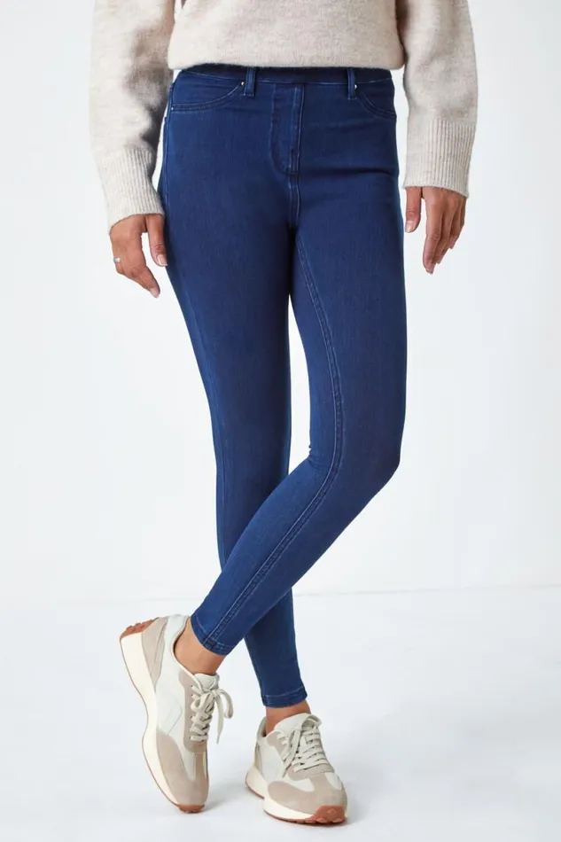 Midnight Blue Cotton Blend Denim Stretch Jegging Women Roman Trousers