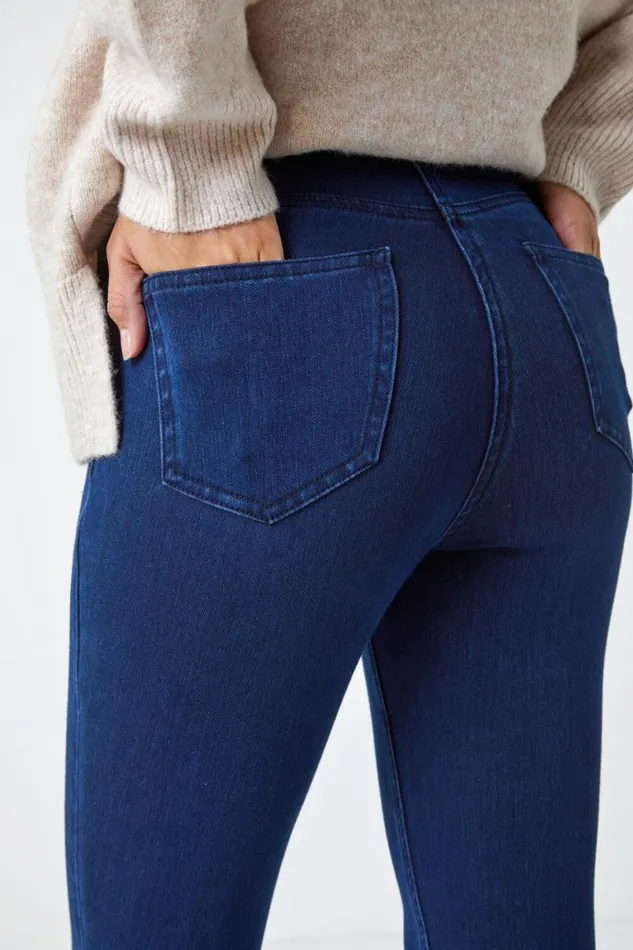 Midnight Blue Cotton Blend Denim Stretch Jegging Women Roman Trousers