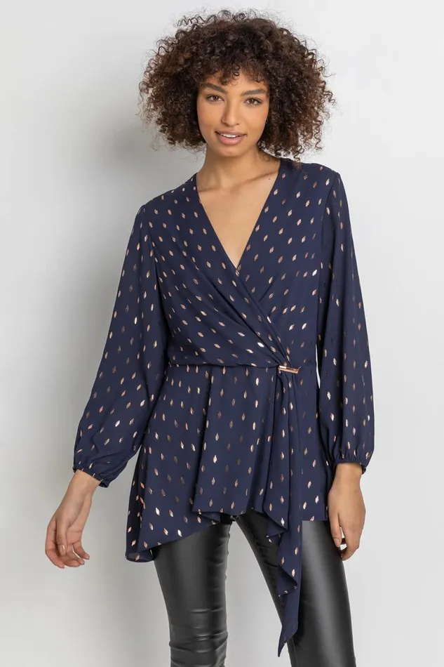 Midnight Blue Metallic Polka Dot Print Cross Over Top Women Roman Tops