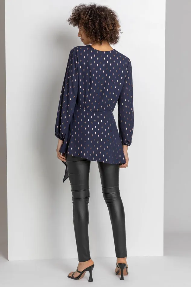 Midnight Blue Metallic Polka Dot Print Cross Over Top Women Roman Tops