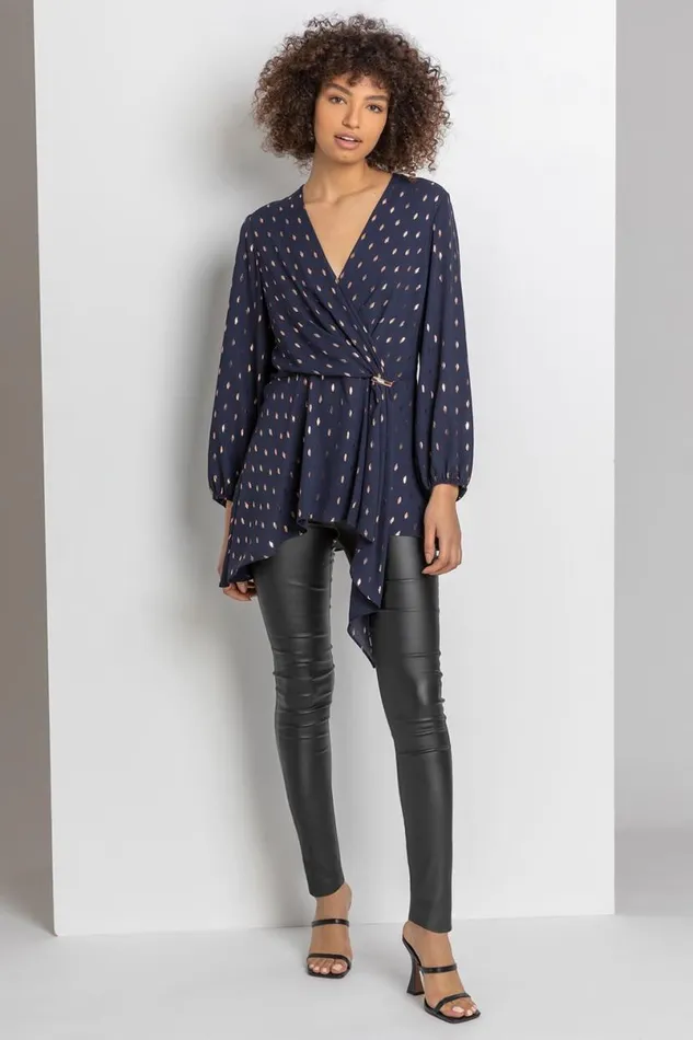 Midnight Blue Metallic Polka Dot Print Cross Over Top Women Roman Tops