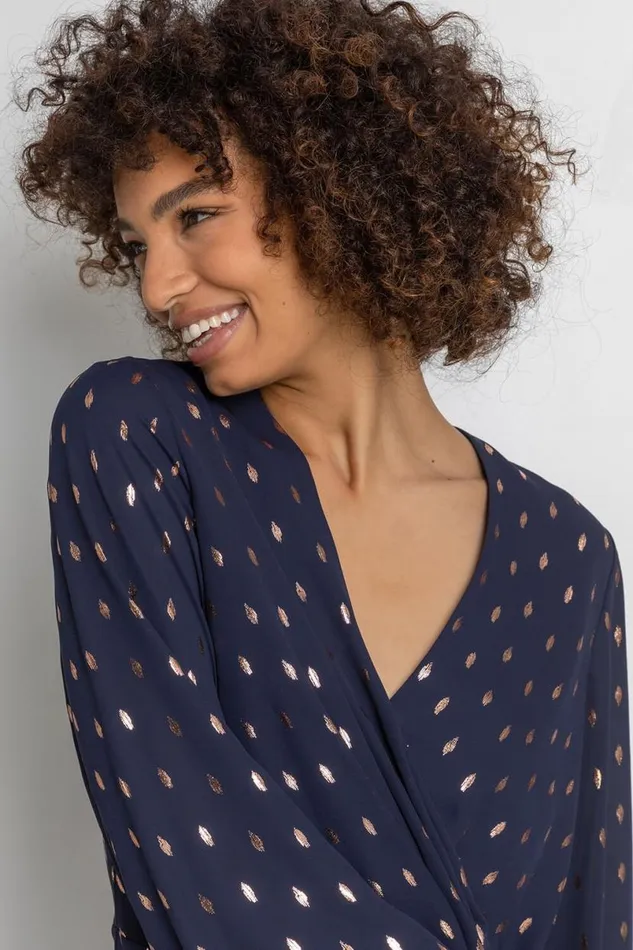 Midnight Blue Metallic Polka Dot Print Cross Over Top Women Roman Tops